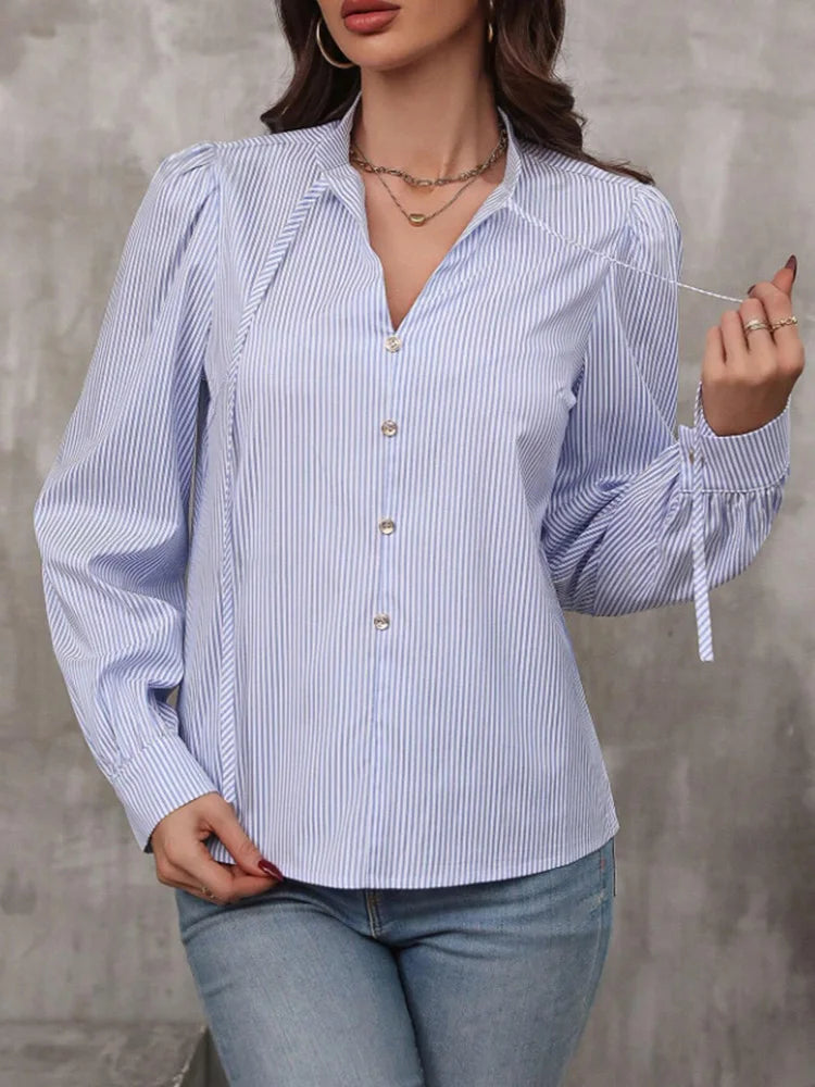 Women V-Neck Button Down Long Sleeve Top Solid Color Striped Shirt Office Lady Work Clothes.