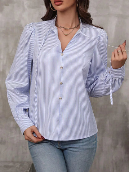 Women V-Neck Button Down Long Sleeve Top Solid Color Striped Shirt Office Lady Work Clothes.