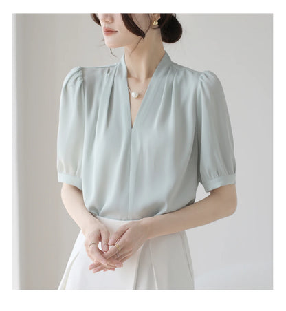 2025 Fashion Summer Short Sleeve V-Neck Women Blouse White Blouse Shirt Women Tops Blouses Shirts Blusas De Mujer Camisas P856