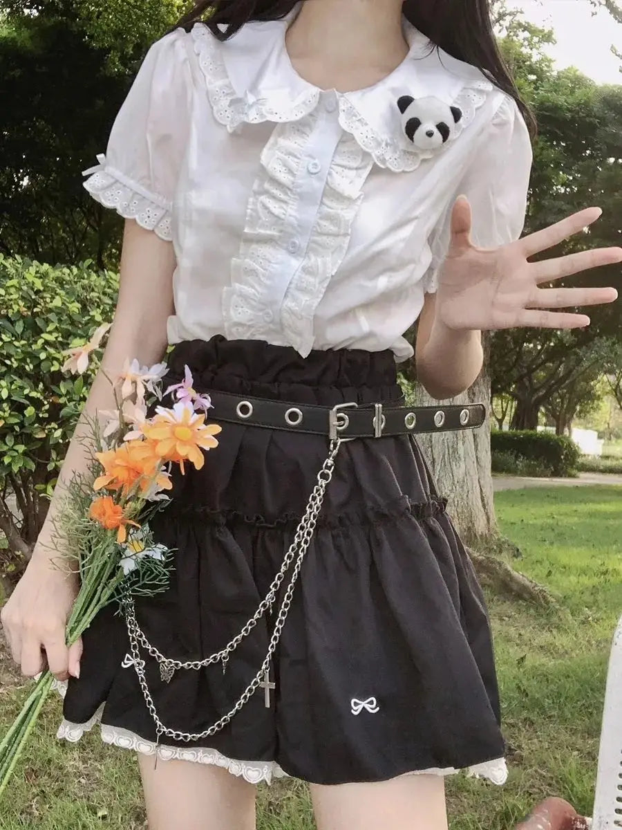 Deeptown Kawaii Lolita Blouses White Women Cute Lace Tops Ruffle Shirts Vintage Puff Sleeve Japanese Preppy Style Sweet Tops.