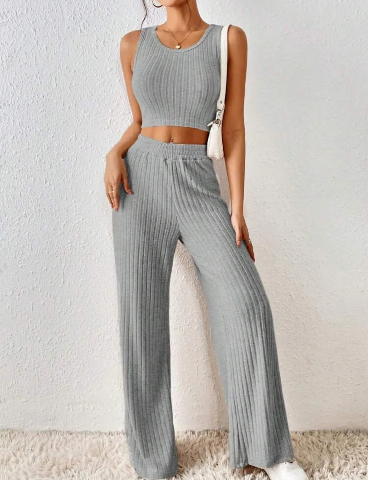 New Spring Solid Color Fashion Casual Knitted Cotton Waist Sleeveless Tank Top High Waist Pants Set For Women's Clothing