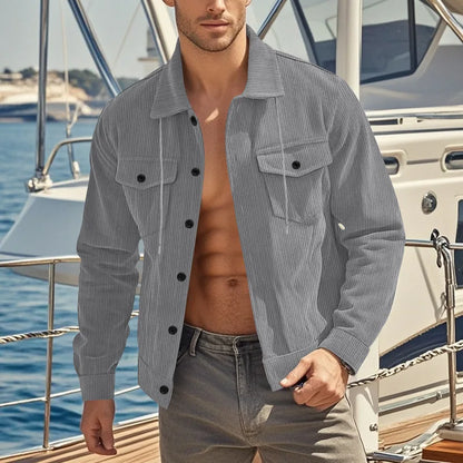 Men's Corduroy Jacket Stand-up Collar Slim Fit Retro Multi-pocket Workwear Commuter Coat for Spring And Autumn