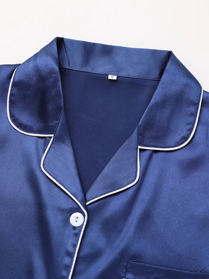 Solides Pyjama-Set mit langen Ärmeln, Knopfleiste, Revers, Oberteil und Hose, Pyjama-Set, Damen-Nachtwäsche und Loungewear