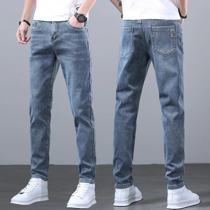 New Men's Four Seasons Business Jeans Fashionable Slim Fit Micro Elastic Straight Leg Long Pants.