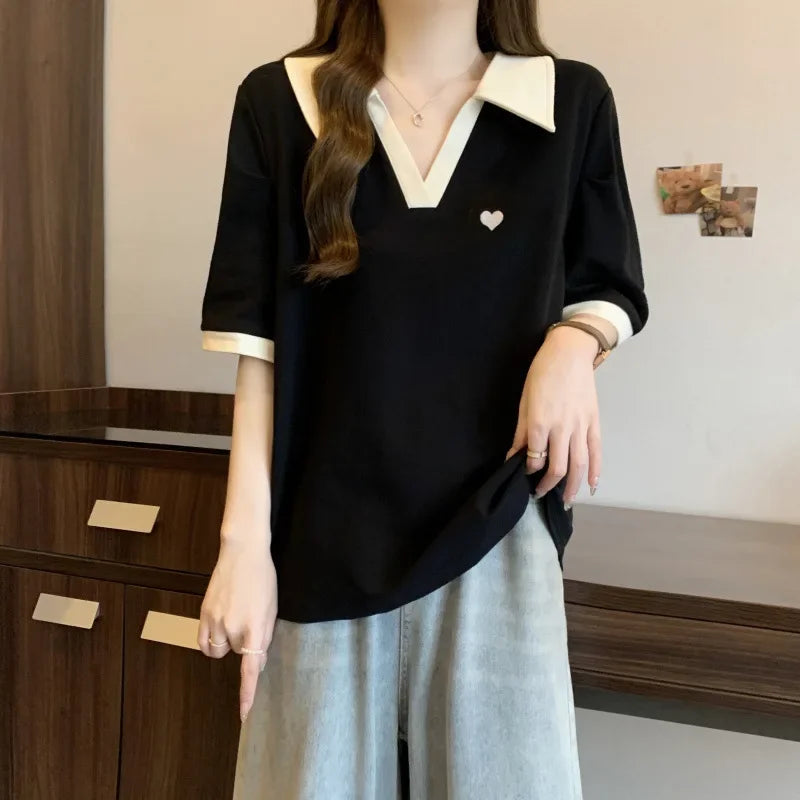 Plus Size Slimming Embroidered Polo Shirt plus Size American Style Base Layer T-Shirt College Fashion Anti-Aging Big MM Cotto....