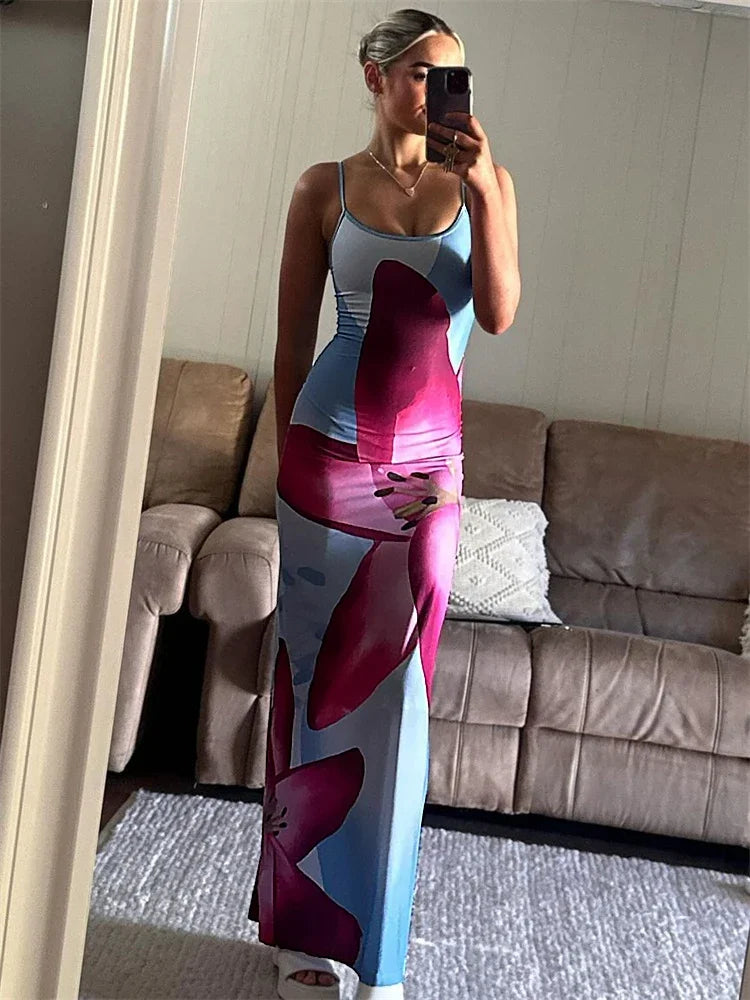 Gedruckt Spaghetti Hot Backless Maxi Kleid Frauen Mode Schlank Elegante Kontrast Patchwork Halter Kleider Herbst Lange DressZ.
