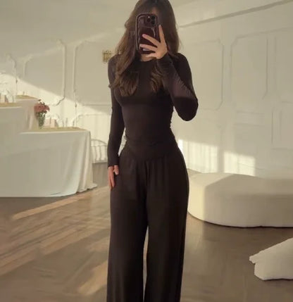 Solid Color Top Women Set Slim Fit Long Sleeved O-neck Top Pleated Straight Pocket Pants 2025 Spring/summer Vacation Women's Set.