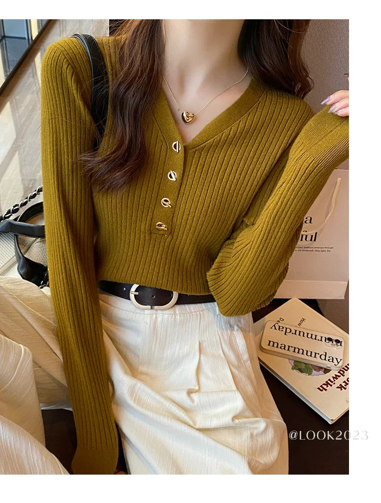 2023 herbst Winter Frauen Pullover Beiläufige Dünne Taste Gestrickte Pullover Pullover Femme Grundlegende Solide Jersey Tops Mode Kleidung