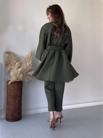 Ramadan Eid Muslim Two Piece Set Lace-up Long Shirt with Pants Women Suits Shirt Blouse Musulman Ensembles Islamic Dress Sets.