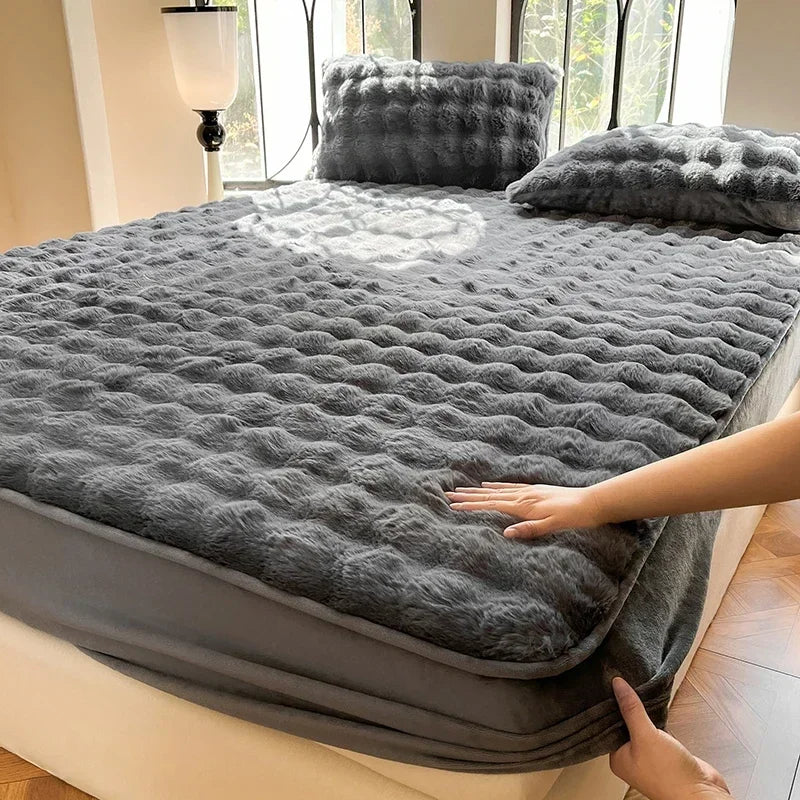 Fluffy Plush Fitted Bed Sheet Solid Color Long Hair Fleece Bed Cover For Double Bed fundas de colchón Winter Warm Mattress Cover