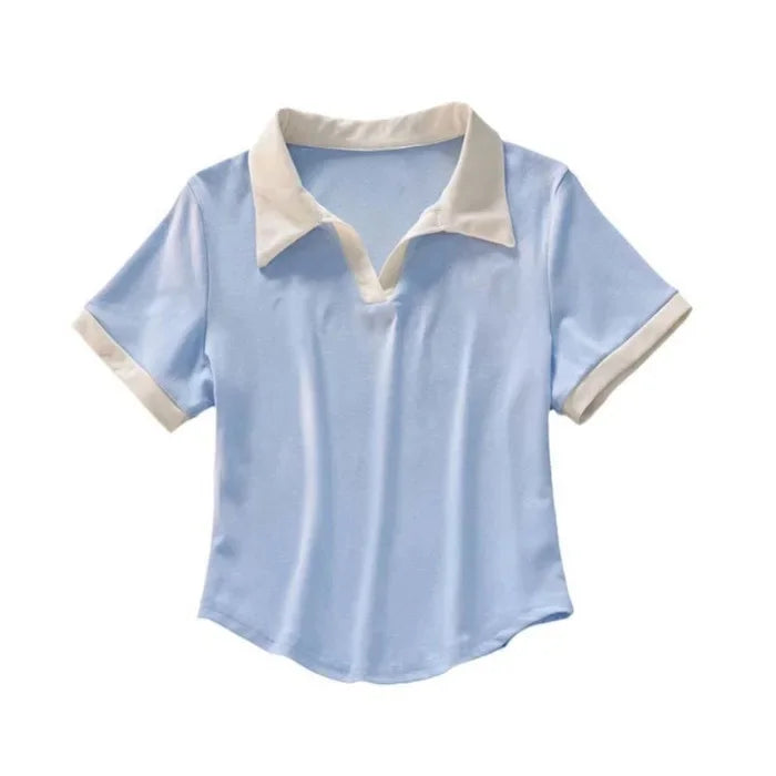 Summer Short Sleeve V-Neck Polo Shirt Women's Short Style Cotton Lycra Ribbed Top Bright Color Block 220g 40 Denier.