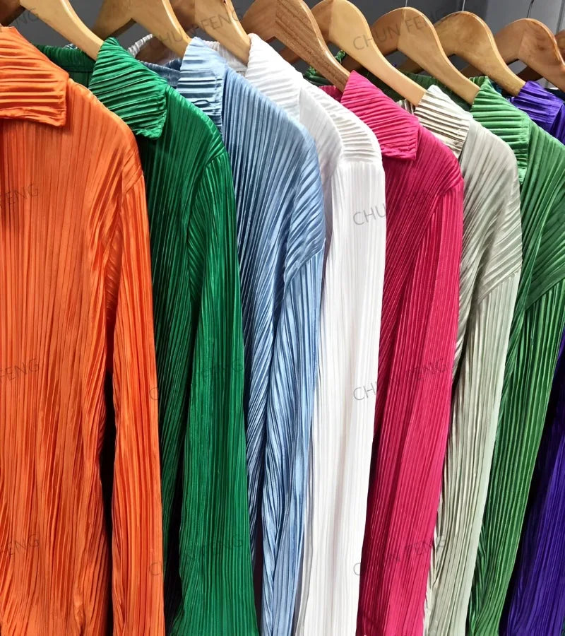 2024 Spring Autumn Women's New Solid Color Button Shirt Long Sleeve Drop Feel Loose Soft Wrinkle Casual Two Piece Set.