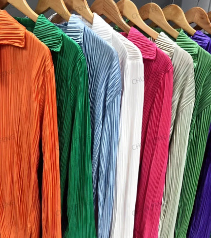 2024 Spring Autumn Women's New Solid Color Button Shirt Long Sleeve Drop Feel Loose Soft Wrinkle Casual Two Piece Set.