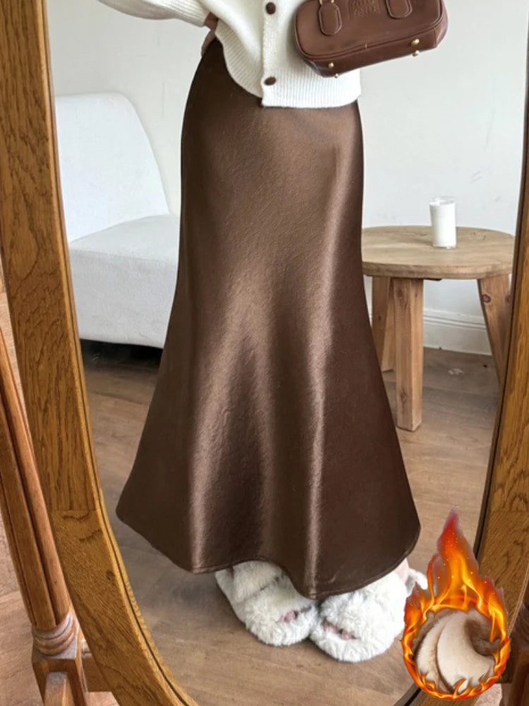 High Waist Women's Fleece-Lined Thickened Elegant Long Skirt Satin Mermaid Skirt Elegant Drapey Bodycon Skirt For Autumn Winter