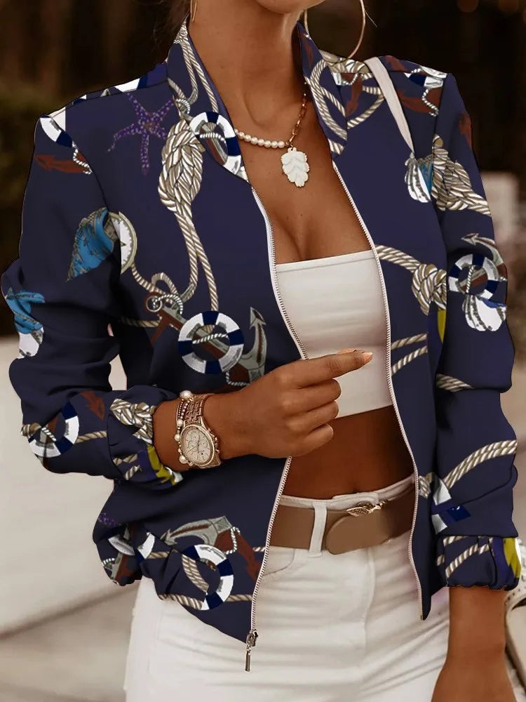 Mode Frauen Jacken Dünne Kurze Mäntel Herbst Vintage Print Lange Sleeve Zipper Dünne Jacke 2024 Casual Oberbekleidung Weibliche Jacke.