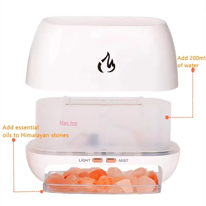 New Himalayan Crystal Salt Stone Aroma Air Humidifiers 3D Flame Fire Colorful Night Light Aromatherapy Essential Oil Diffuser.