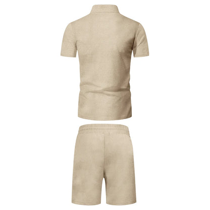 Men's Comfortable Short-Sleeved Waffle Polo Shirt And Shorts Set - Breathable Lightweight Spring/Summer Clothing.