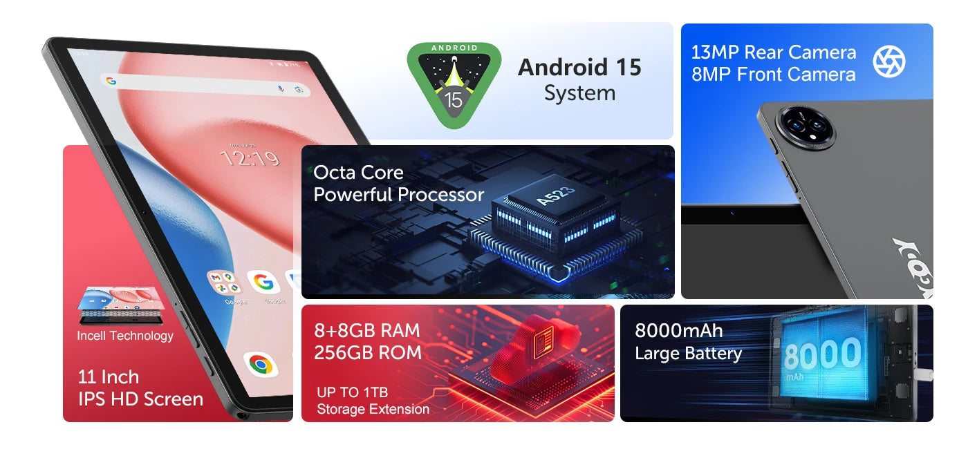 XGODY Q17 Android 15 Tablet 11 inch A573 Octa-Core CPU 2K HD Touch Screen 16GB RAM 256GB ROM Android 15 8000mAh 13MP+8MP Camera.