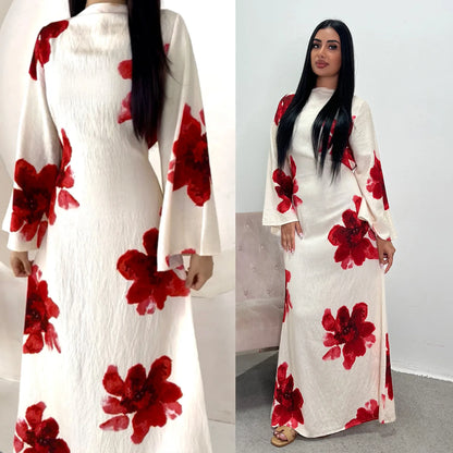 Arabesque Bell Sleeve Flowy Maxi Abaya Dress Elegant Floral Print Muslim Modest Long Dress Islamic Vacation Outfit Summer Robe.