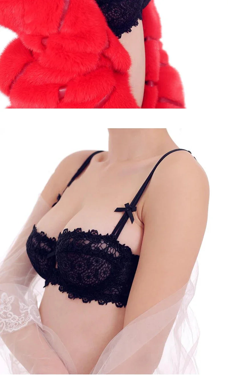 Plus Size Sexy Half Cup Lace Bra Sheer Mesh Unlined Bralette for Women A D Cup, Invisible Push Up Underwire Lingerie Set.