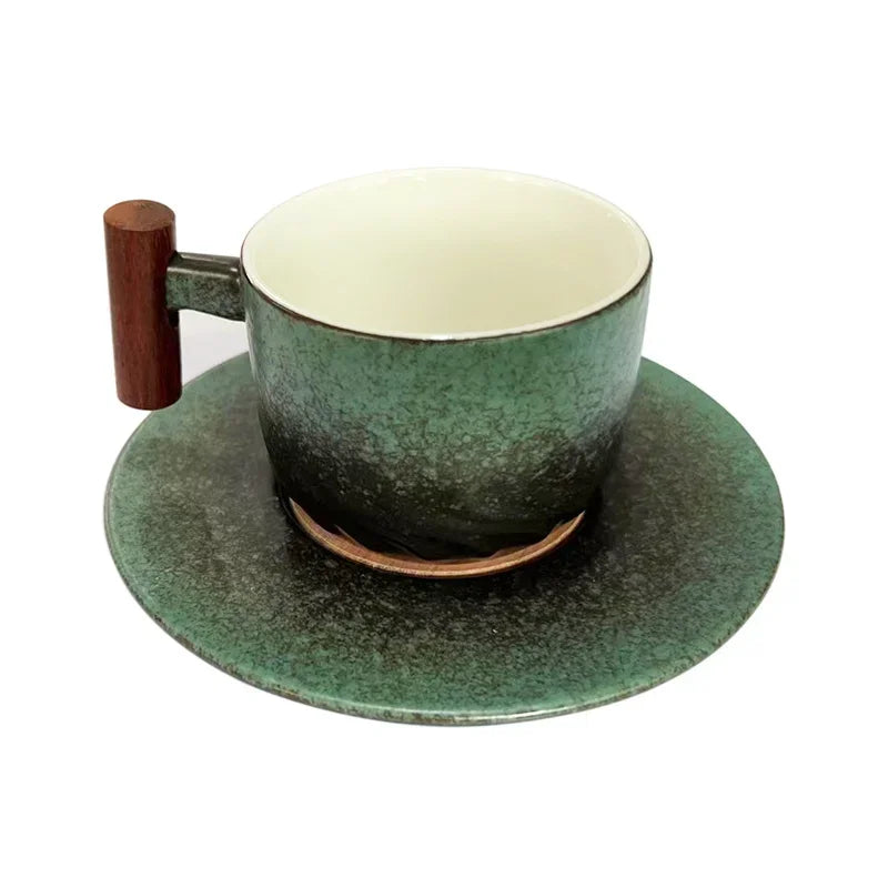 130ML Ceramic Coffee Cup Saucer Set Wooden Handle Japanese Tea Cups Filter Home Water Mug Handmade Frosted Tea Coffee Cup Gift.