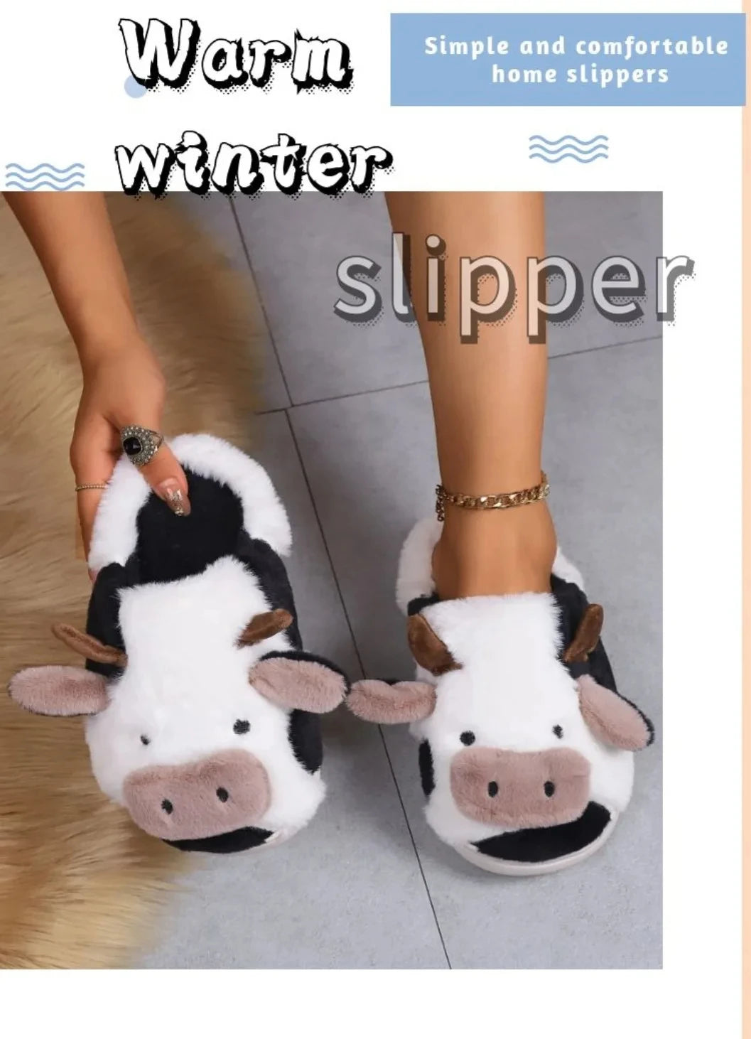 Shevalues Plush Cartoon Milk Cow Slippers Winter Women Slippers Furry Non-Slips Women Cotton Slides Couples Soft Cozy Flat Shoes.