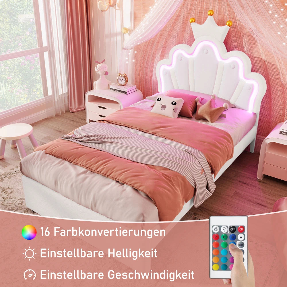 Polsterbett ohne Matratze, ferngesteuertes Umgebungslichtbett mit 2 Schubladen, kronenförmiges Prinzessinnenbett, verstellbarer Kopf, PU, Weiß