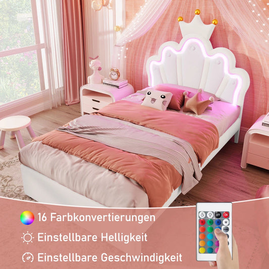 Polsterbett ohne Matratze, ferngesteuertes Umgebungslichtbett mit 2 Schubladen, kronenförmiges Prinzessinnenbett, verstellbarer Kopf, PU, Weiß