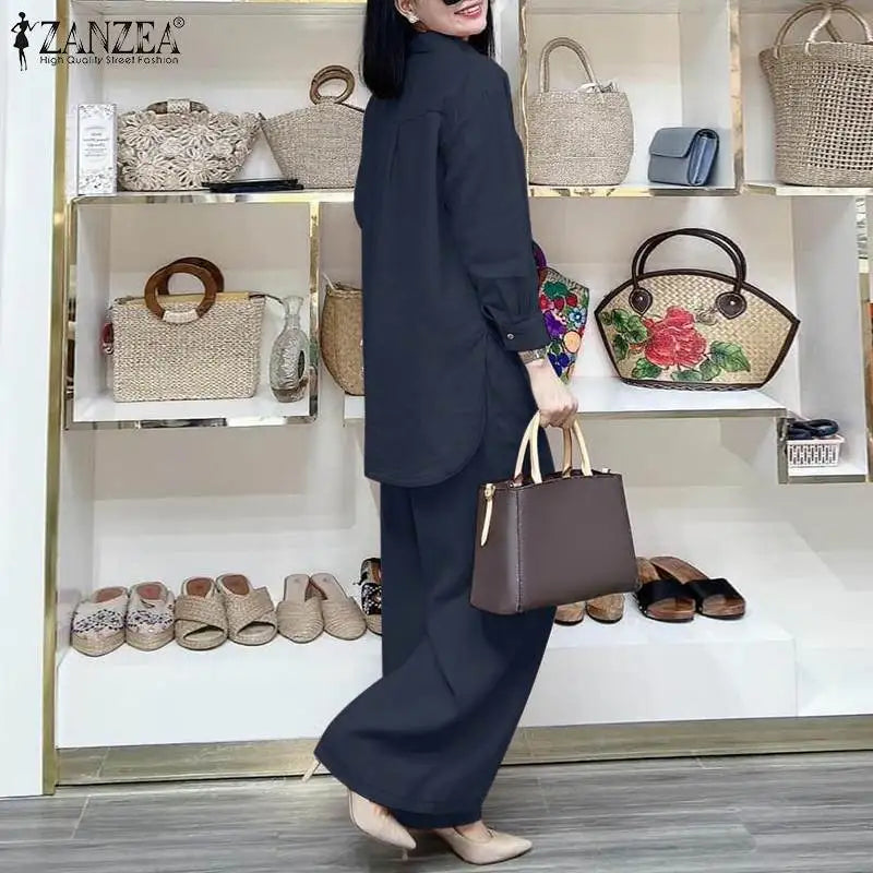 ZANZEA Fashion Women Casual Trousers Suits 2PCS Autumn Long Sleeve Blouse Solid Wide Leg Pants Sets Loose Work Tracksuit Outifit.