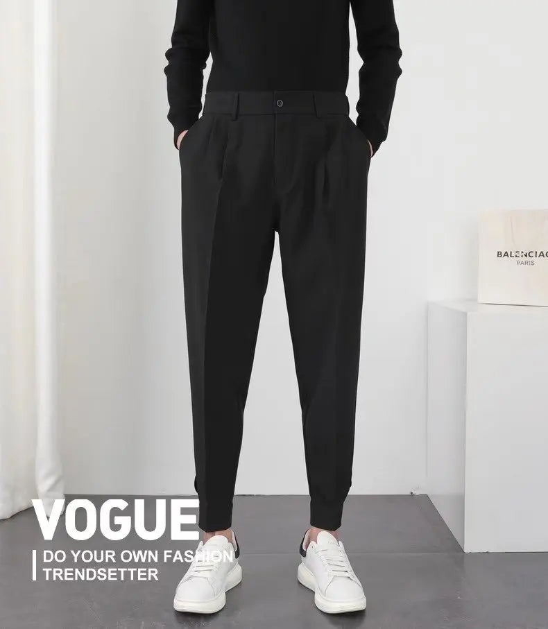 Fashion Men Casual Pants Elastic Waist Small Feet Slim Korean Style Pleated Tapered Male Blazer Pants Trousers Streetwear.