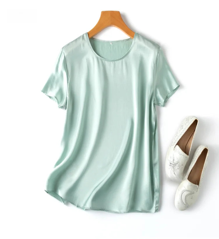 Women 100% Mulberry Silk 19 Momme half sleeve Crew Neck Top Shirt Blouse T-shirt More Colors M L XL MM4270.