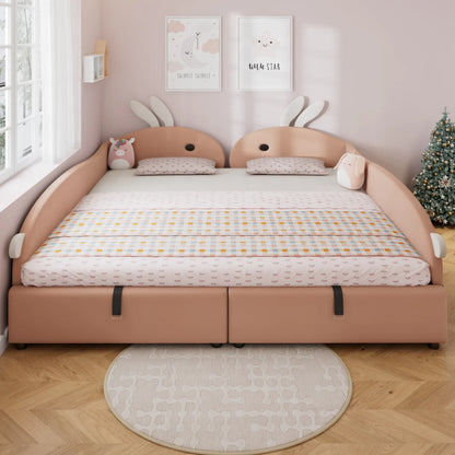 Polsterbett, Einzelbett, Babybett, niedlicher Hasenkopf, hydraulisches Bett mit Stauraum, erhöhter weicher Zaun, Samt, rosa + weiß, 90 x 200 cm