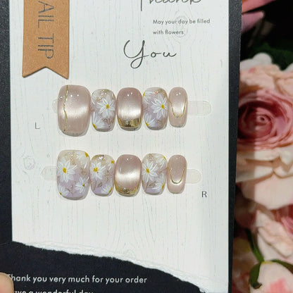 10Pcs French Handmade Press on Nails White Flower Fake Nails Wearable Stick-on Nails Full Cover False Nail Накладные Ногти 네일팁.