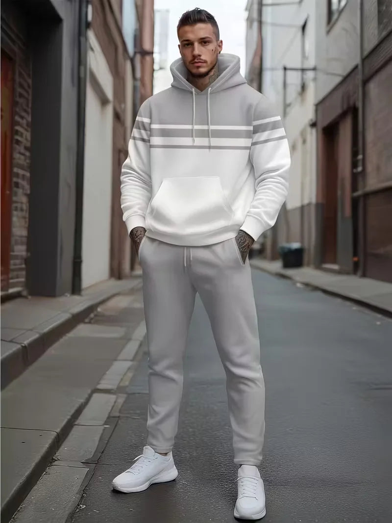 Autumn and Winter Casual Men's Sweatshirt Sets Fashion Striped Print Hoodies and Pants 2 Piece Outfit Outdoor Loose Sports Suit.