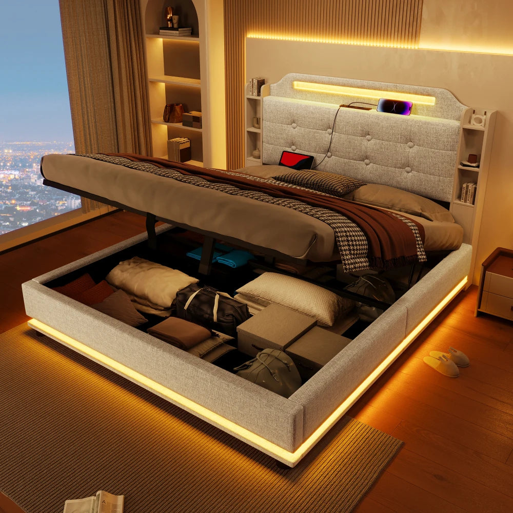 140*200cm Polsterbett mit LED-Lichtleiste und mehreren Ablagefächern, für Schlafzimmerwäsche, Beige (ohne Matratze)
