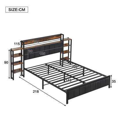 Metallbett 140x200cm, Flachbetten, Kopfteil mit Regal und 3 usb-anschlüsse, Metall+MDF+Velvet, Schwarz + Walnuss, ohne Matratze