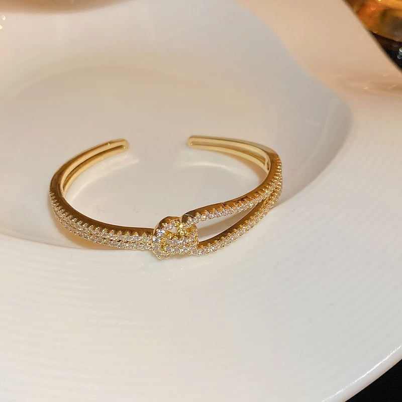 Exquisite Full Zircon Cuff Bracelets Gold Plating Copper Knot Opening Bracelet Minimalist Women's Bangle For Wedding Party.