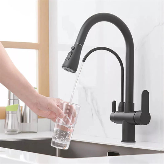 Matte Black Pure Water Filter Kitchen Faucet Dual Handle Hot and Cold Drinking Water Pull Out  Kitchen Mixer Taps