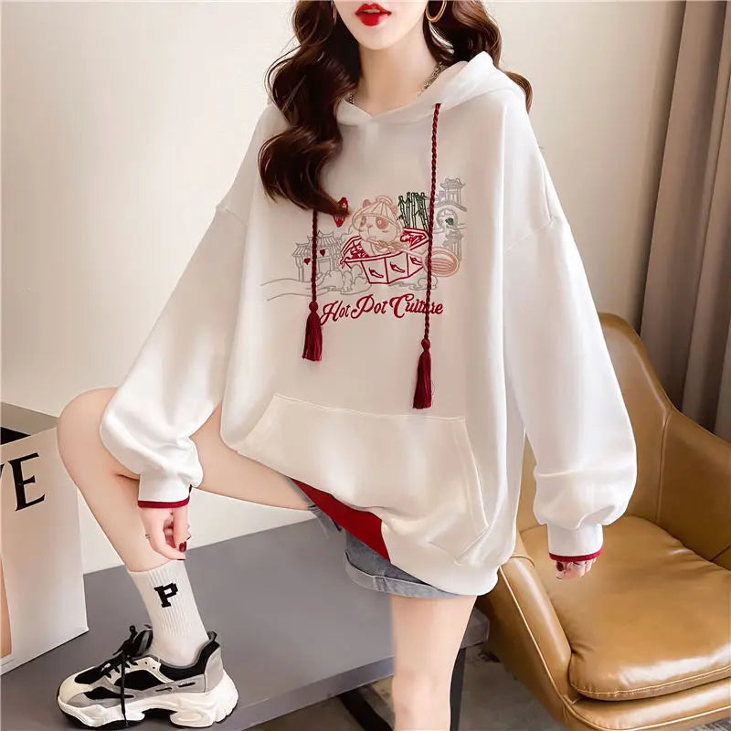 Embroidered Hoodies Sweatshirt for Women Chinese Style Cheap on Promotion Y 2k Vintage Coat Spring and Autumn Woman Hooded Tops.