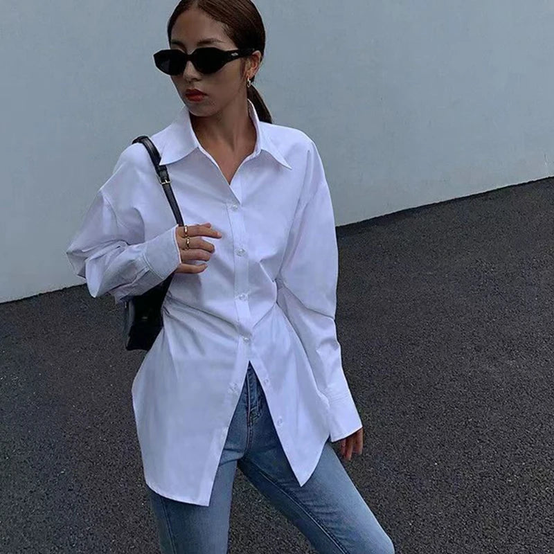 2025 Fashion Slimming Waist White Shirt Women Streetwear Long Sleeve Button Up Blouse Woman Office Turn Down Collar Shirts Top.