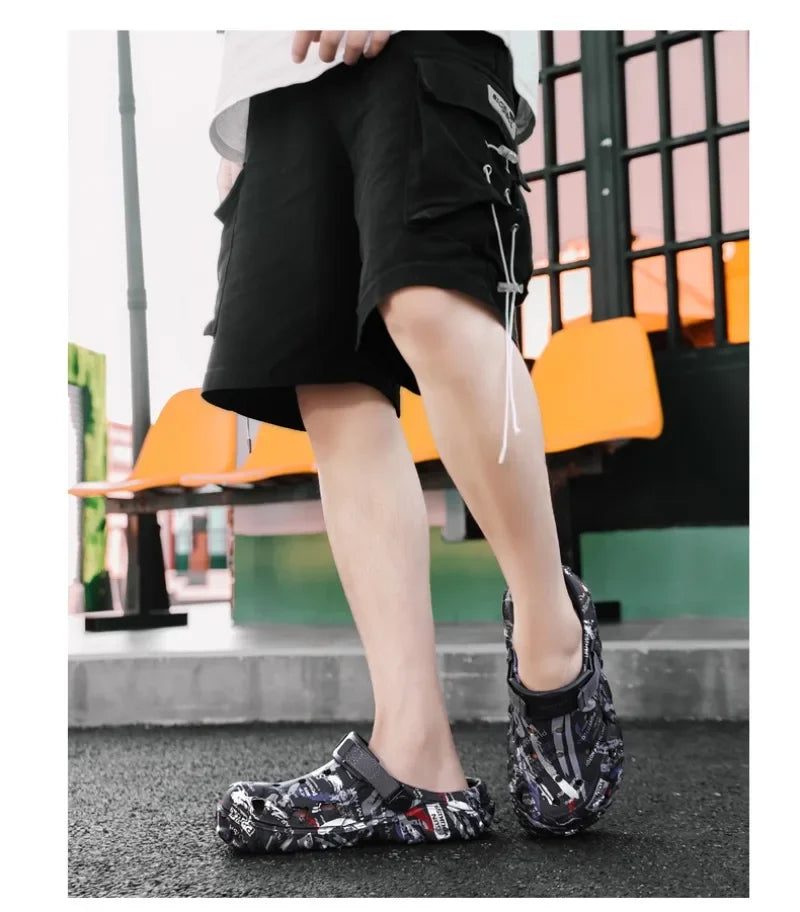 Plus Size 47 Men's Clogs 2025 Summer Sandals Beach Slippers Flat Sandals Men Leisure Slides Creative Printing Man Casual Shoes