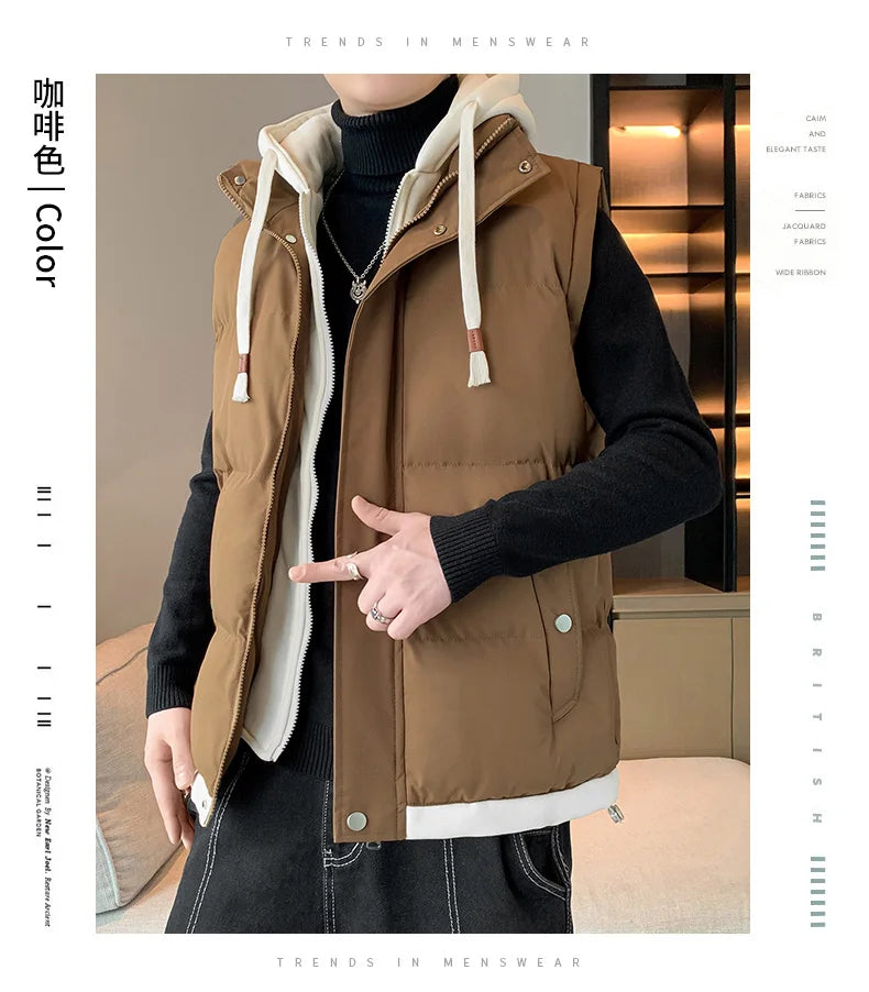 Men Windproof Hooded Vest Men Jacket Sleeveless Vest Winter Jacket Casual Coat Men Down Cotton Warm Thicken Waistcoat Thick Coat.