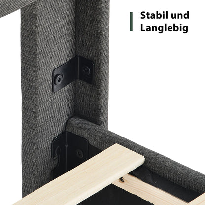 KOMHTOM Polsterbett 90 x 200 cm, Bettgestell mit Lattenrost & Kopfteil, gepolstertes Doppelbett, Textilbezug Leinen in Grau
