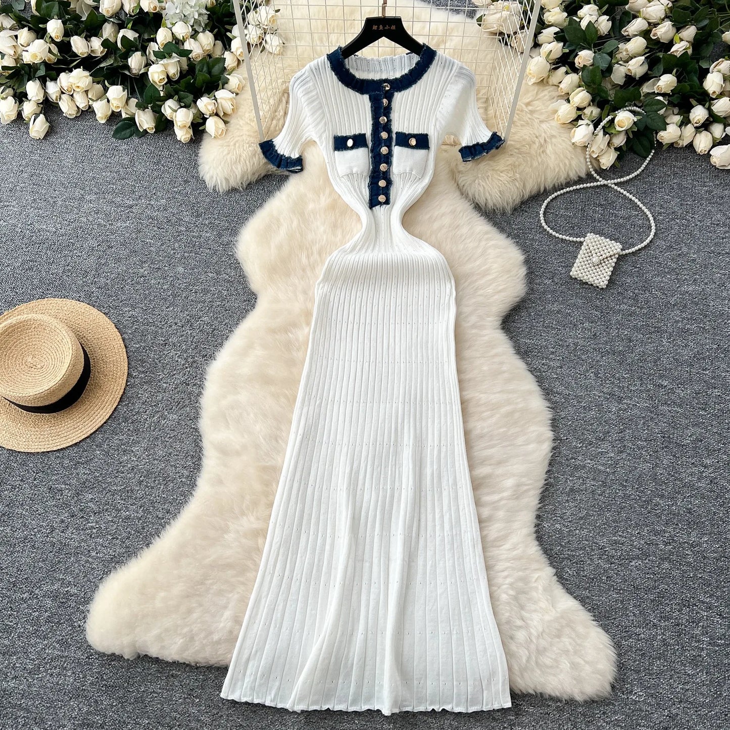 YuooMuoo Chic Mode Sexy Pakete Gestrickte Maxi Kleid Frühling Sommer Vintage Denim Patchwork Lange Pullover Kleid Dame Vestidos
