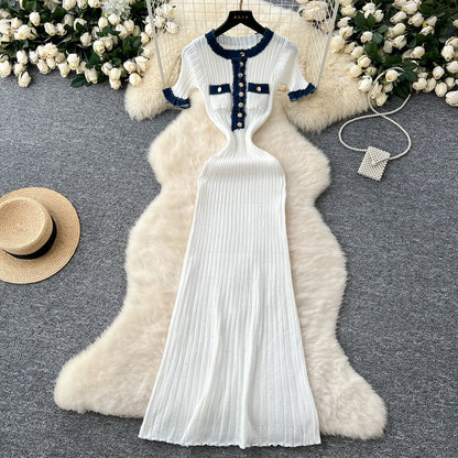 YuooMuoo Chic Mode Sexy Pakete Gestrickte Maxi Kleid Frühling Sommer Vintage Denim Patchwork Lange Pullover Kleid Dame Vestidos
