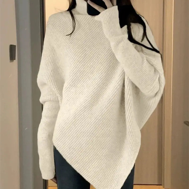 Herbst Winter Neue Frauen Pullover Koreanische Mode Chic Casual Rollkragen Solide Asymmetr Lose Batwing Hülse Pullover Gestrickte Tops