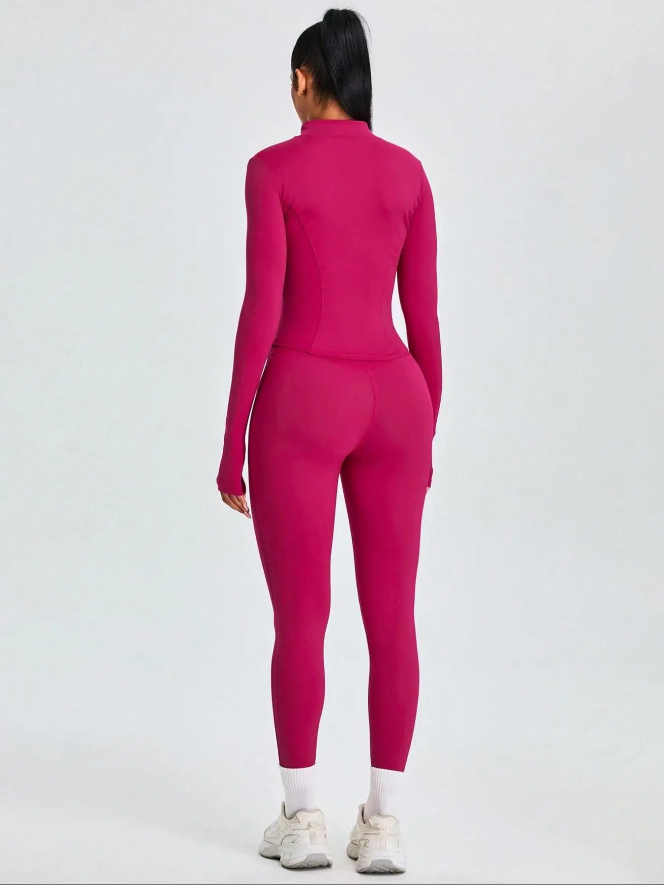 Fitfemme Two-piece Set Women's Solid Zip UpMock Neck Sports Jacket & HighWaist Leggings Set, SportyBreathable Quick Drying.