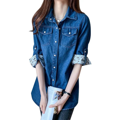 Women's Loose Denim Shirt with Long Sleeves New Spring and Autumn Thin Top Mid To Long Length Jacket and Outer Shirt 11968.