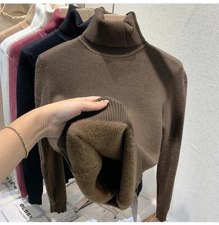 2025 neue Verdicken Hohe Kragen Pullover frauen Pullover Top Winter Warme und Weiche Einfarbig Inneren Tragen Bodenbildung Shirt