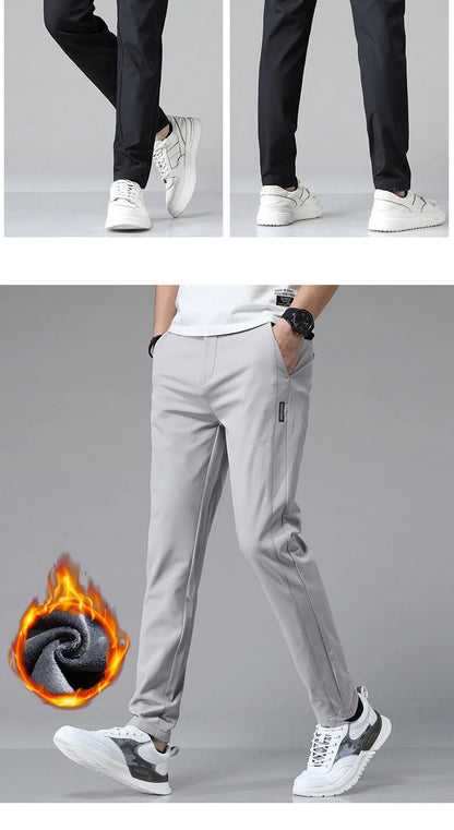 Korean Men's Warm Golf Pants Slim Straight Winter Thick Fleece Casual Pants Business Fashion Stretch Thermal Trousers Male.